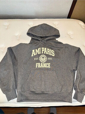 Ami Paris Gray Collegiate Graphic Pullover Hoodie
